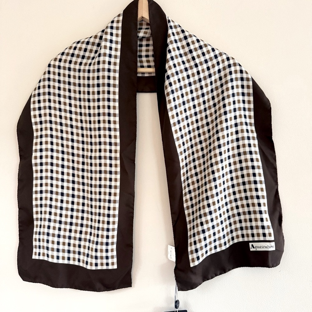 NWT Aquascutum London Silk Club Check Scarf Brown Navy Cream